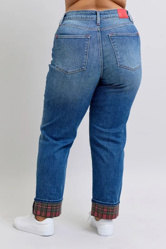 Judy Blue Full Size Mr Plaid Print Cuff Bf Jeans Plus Size