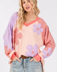 SAGE + FIG Full Size Daisy Applique Patch Color Block Long Sleeve Top