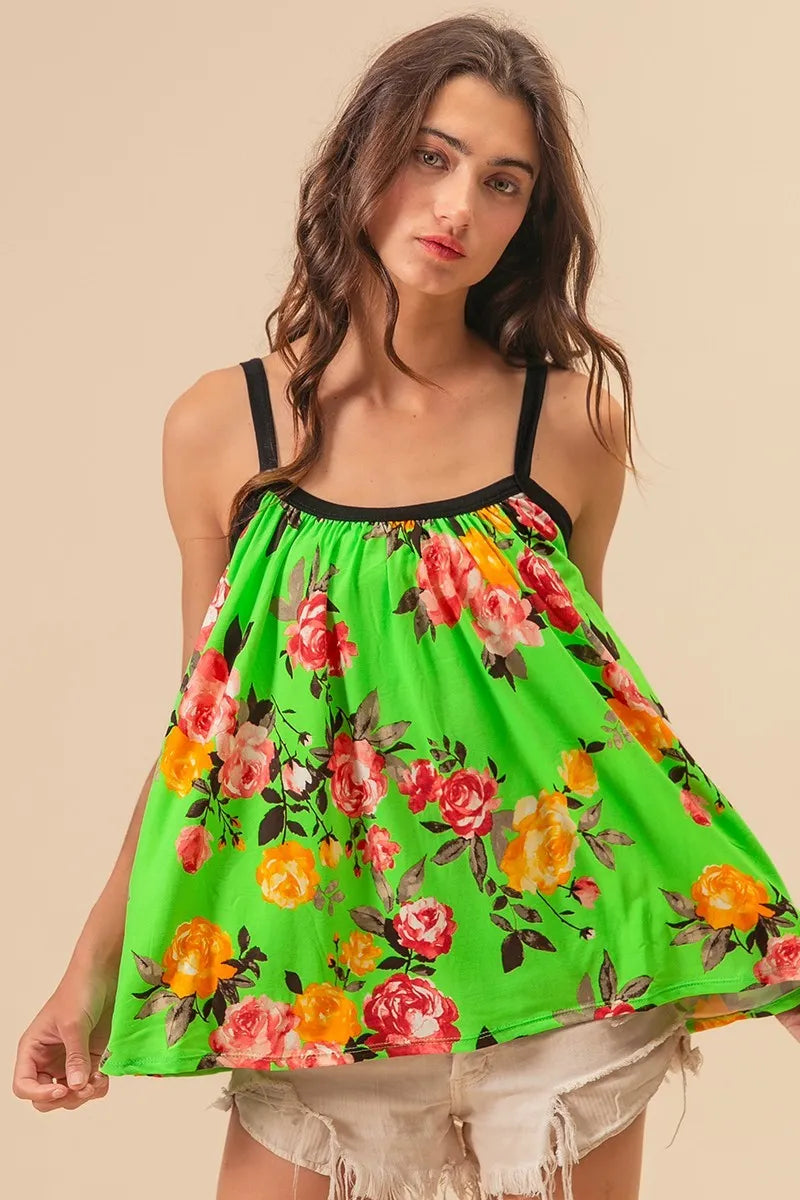 BiBi Floral Print Jersey Knit Gathering Cami Top in Lime