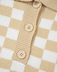 Checkered Buttons V Neck Drop Shoulder Sweater