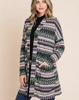 BOMBOM Geometric Open Front Long Sleeve Cardigan with Pockets