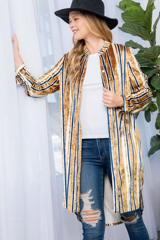 e Luna Striped Velvet Long Cardigan