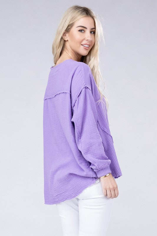 ZENANA Double Gauze Oversized 3/4 Button Henley Neck Top
