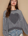 POL Round Neck Heart Patch Zipper Point Sleeve Sweater