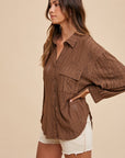 Annie Wear Openwork Button Down Drop Shoulder Shirt