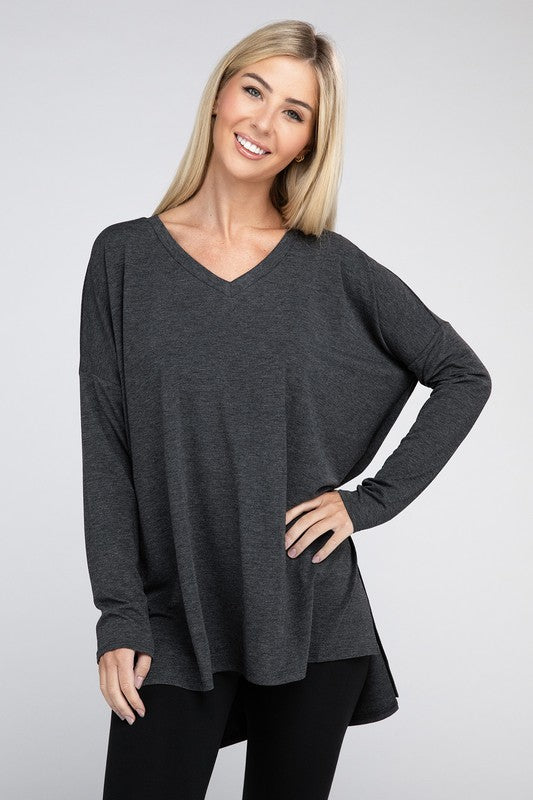 Zenana Dolman Long Sleeve V-Neck Side Slit Hi-Low Hem Top