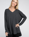 Zenana Dolman Long Sleeve V-Neck Side Slit Hi-Low Hem Top