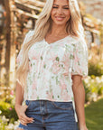 Floral Tied V-Neck Puff Sleeve Peplum Blouse