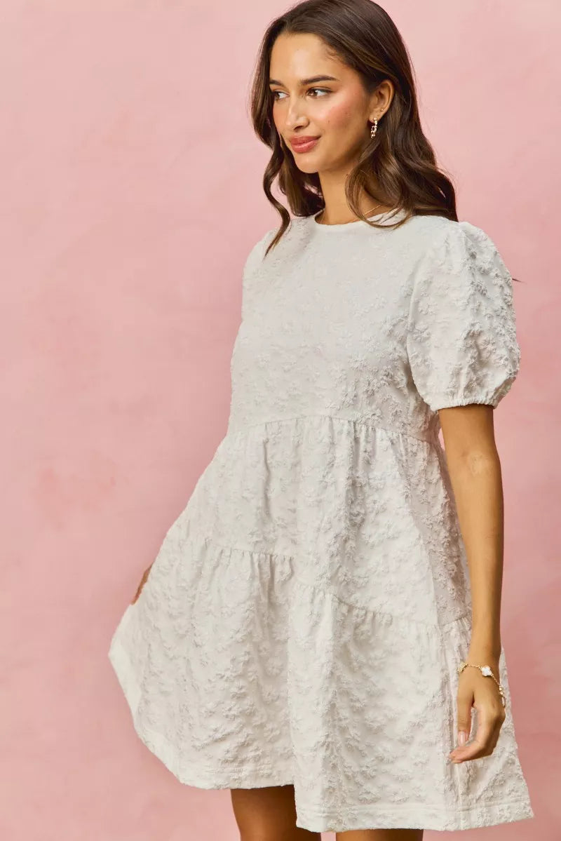 SO ME Floral Jacquard Diagnol Tiered Short Mini Dress