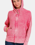 Zenana Washed Zip Up Hooded Jacket