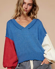 POL Exposed Seam Contrast V-Neck Lantern Sleeve Sweater