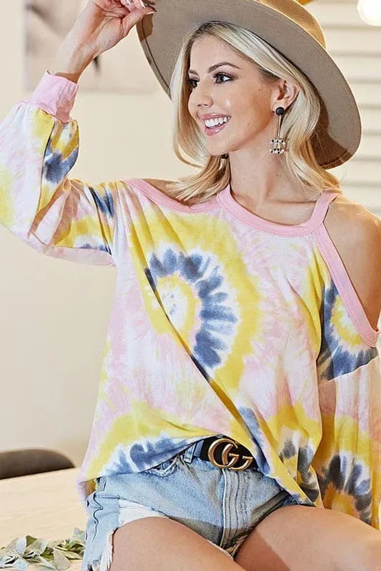 BiBi Tie Dye Print Terry Top with Cold Shoulder Detail