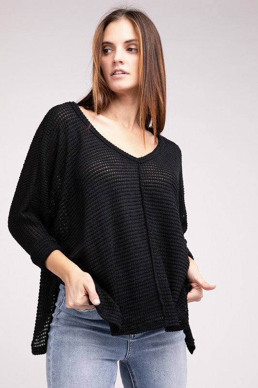 ZENANA 3/4 Sleeve V-Neck Hi-Low Hem Jacquard Sweater