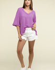 Zenana Brushed Waffle Exposed-Seam 3/4 Sleeve Top