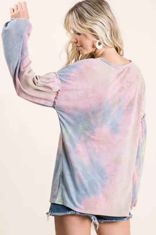 BiBi Tie Dye French Terry Sweatshirt With Bubble Sleeves