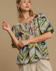 Umgee Full Size Abstract Print Smocked Square Neck Puff Sleeve Blouse