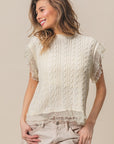 BiBi Layered Pleat Chiffon Edge Cable Knit Top