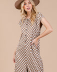 Ces Femme Checkered Half Button Cap Sleeve Jumpsuit