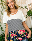 e Luna Solid Striped Floral Jersey Top