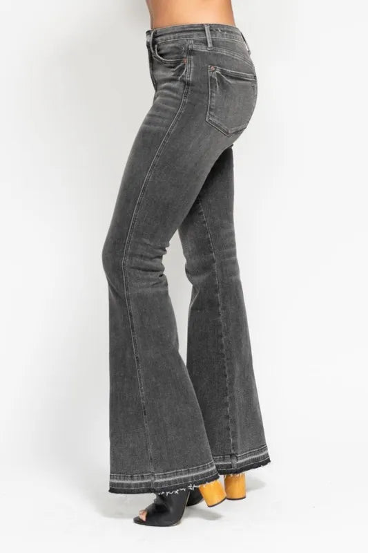 Judy Blue Full Size Midi Rise Tummy Control Washed Gray Release Hem Flare Jeans Plus Size