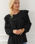 Women Eyelet Ruffle Shoulder Long Sleeve Blouse