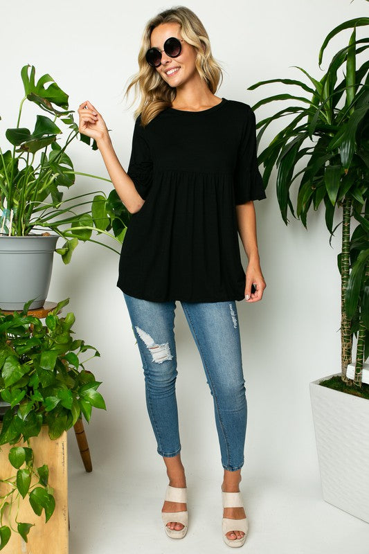 e Luna PLUS Solid Ruffled Sleeve Loose Top