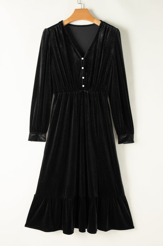 Olivia Velvet Buttoned Puff Sleeve V Neck Split Mi