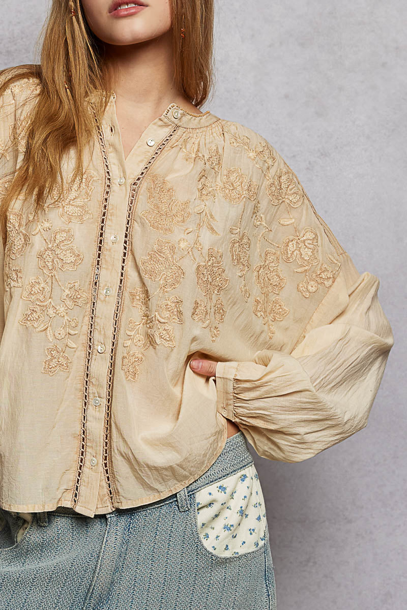 POL Embroidery Button Down Long Sleeve Washed Shirt