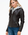 YMI Faux Layered Double-Zipper Jacket with Fuzzy Hood