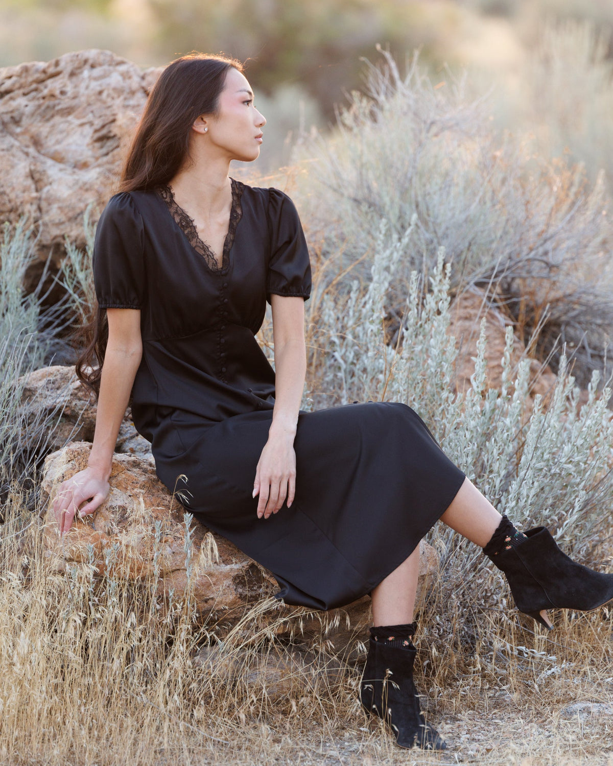 First Love Black Lace Trim Midi Dress