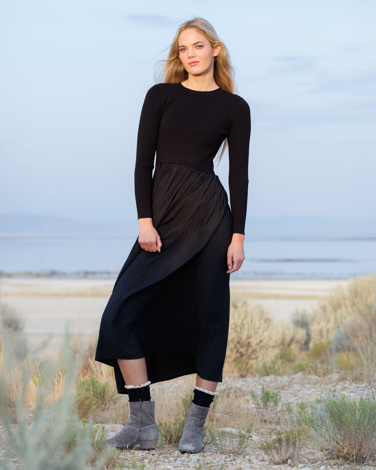 Soho Black Knit & Pleated Satin Maxi Dress