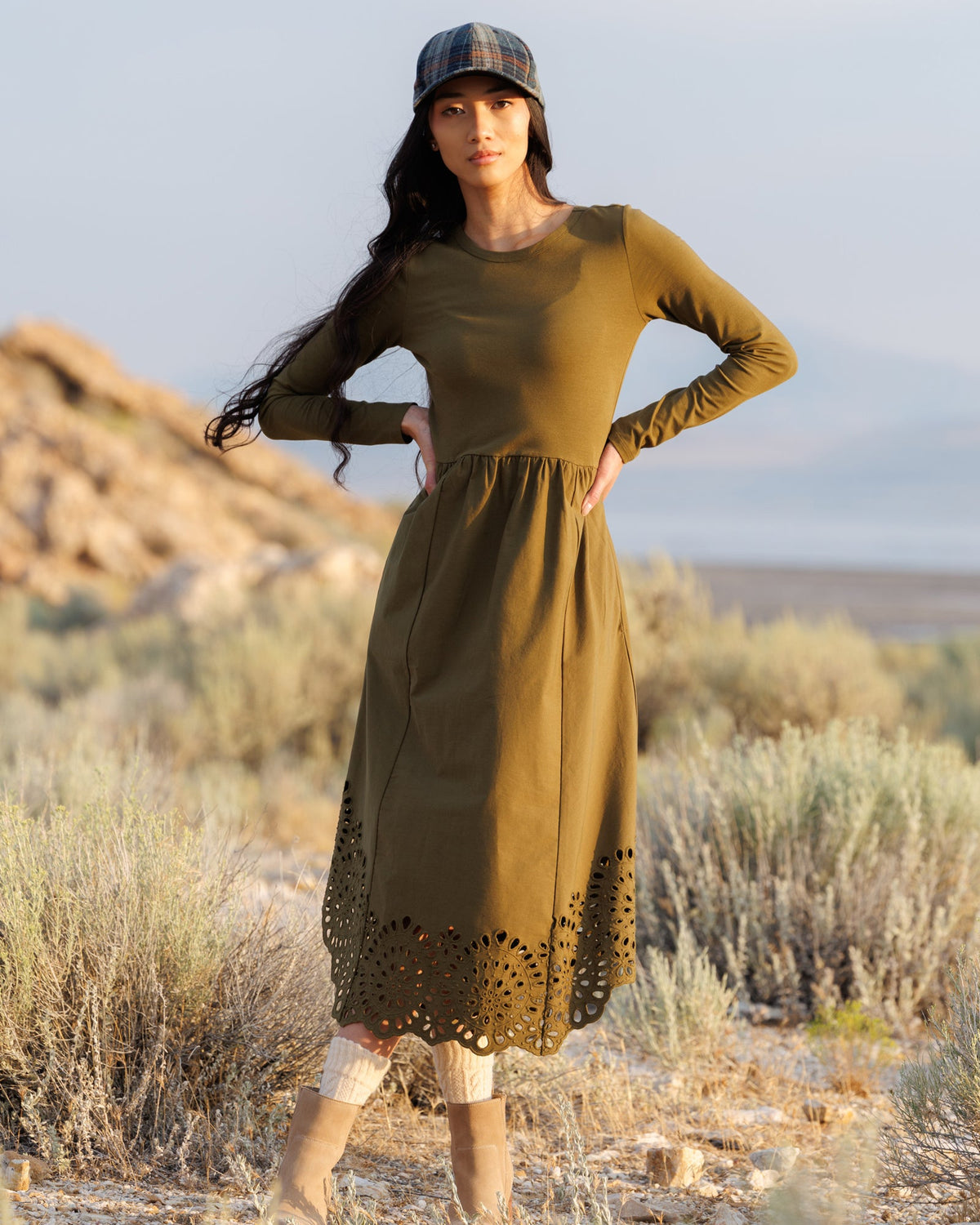 Olive Embroidered Long Sleeve Hybrid Maxi Dress
