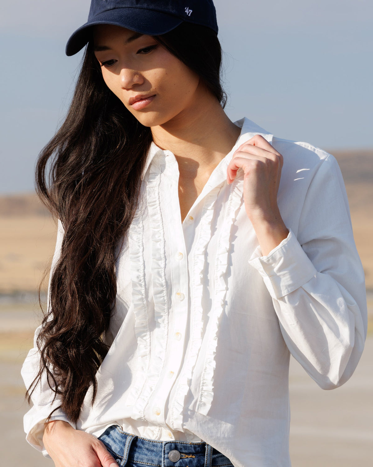 Signature Tuxedo Ruffle Button Down Blouse in White