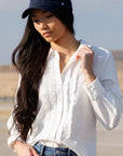 Signature Tuxedo Ruffle Button Down Blouse in White