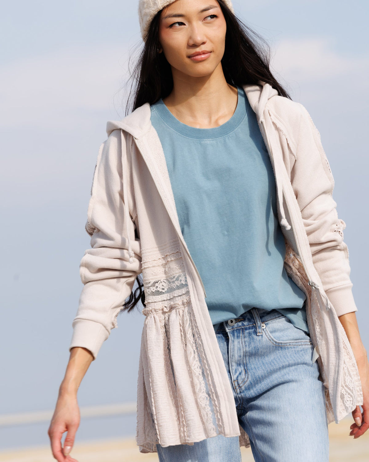 Hometown Cream Lace Peplum Zip-Up Hoodie