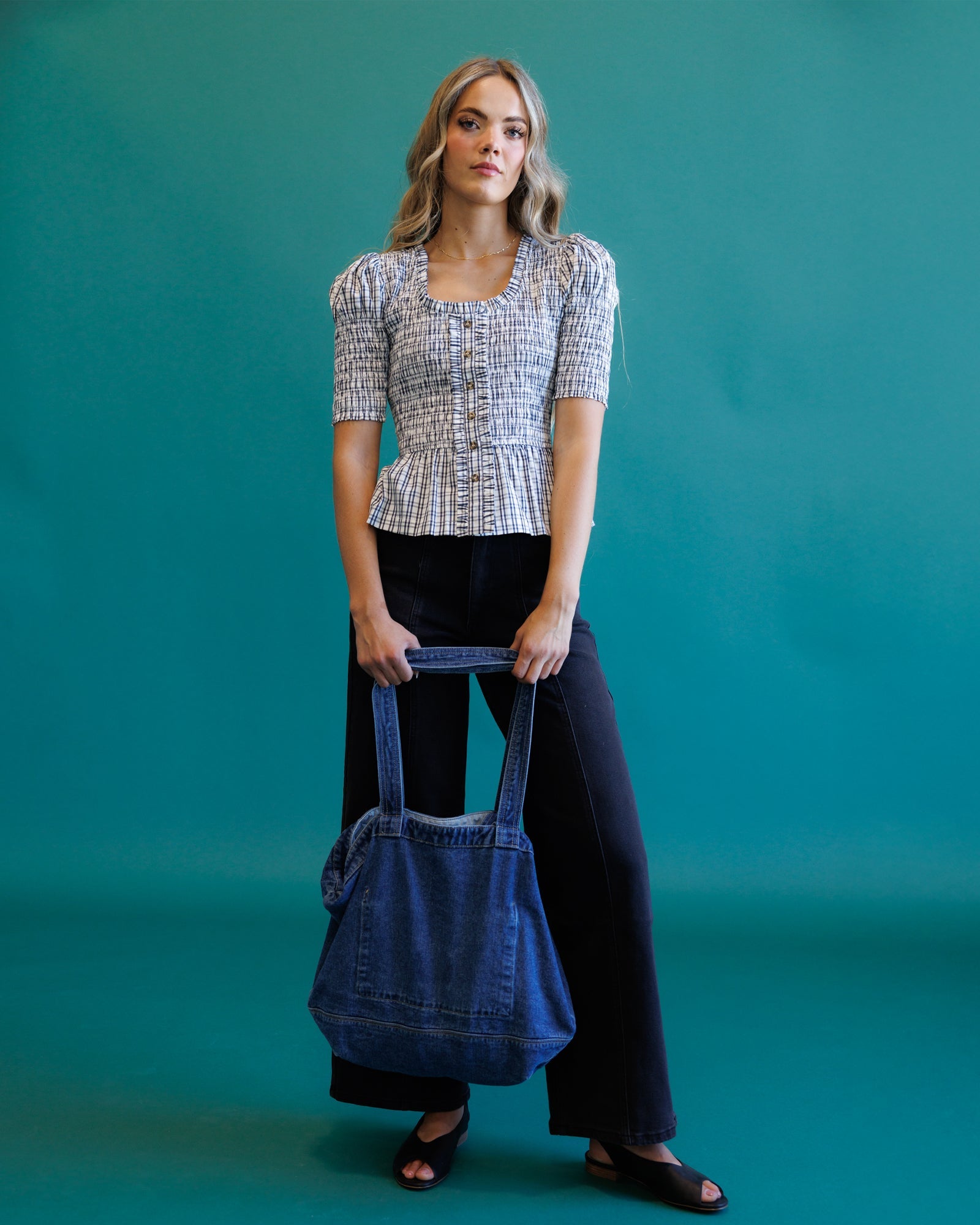 Oxford Blue Plaid Smocked Peplum Top