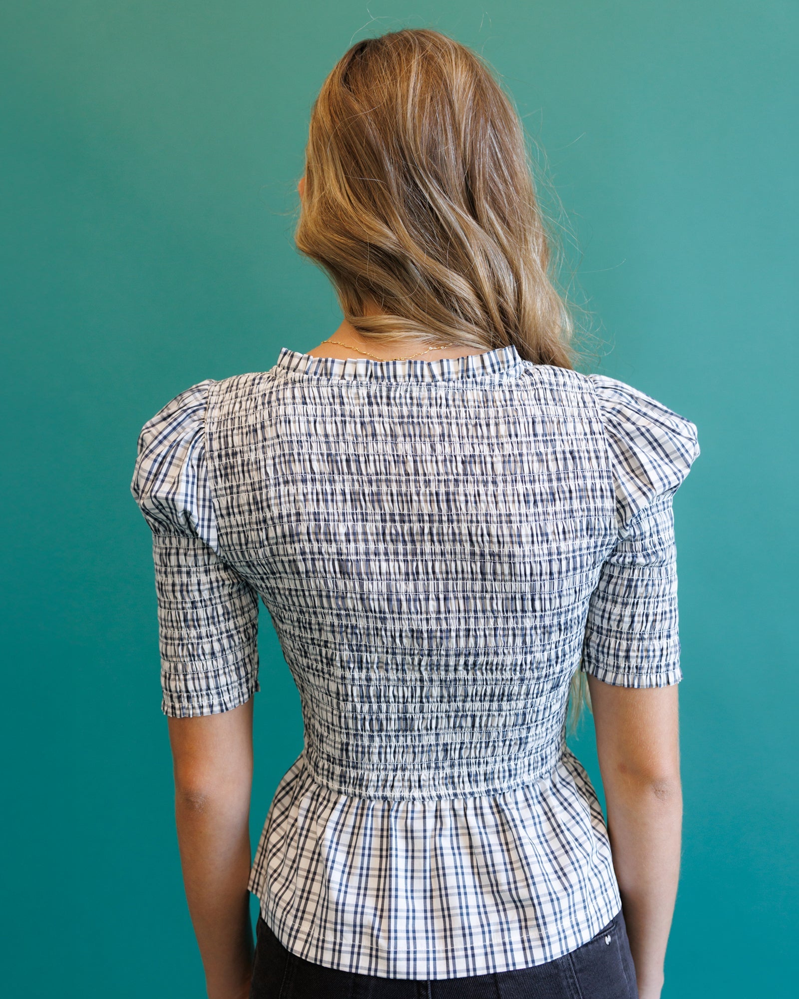 Oxford Blue Plaid Smocked Peplum Top