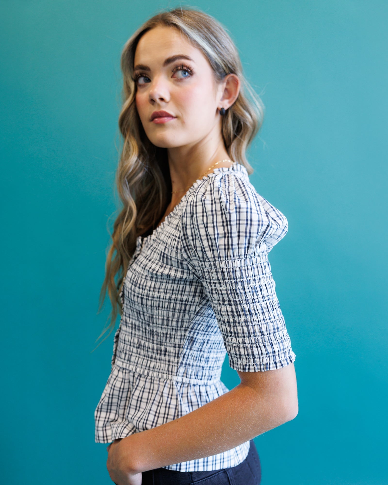 Oxford Blue Plaid Smocked Peplum Top