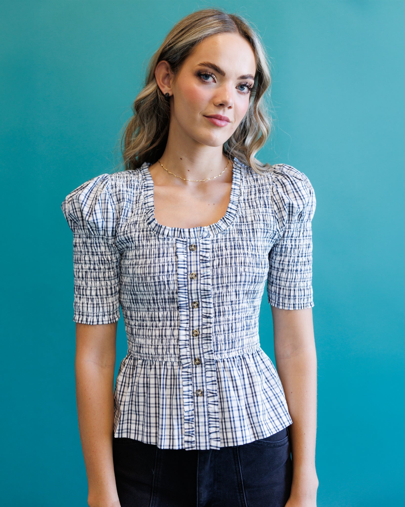 Oxford Blue Plaid Smocked Peplum Top