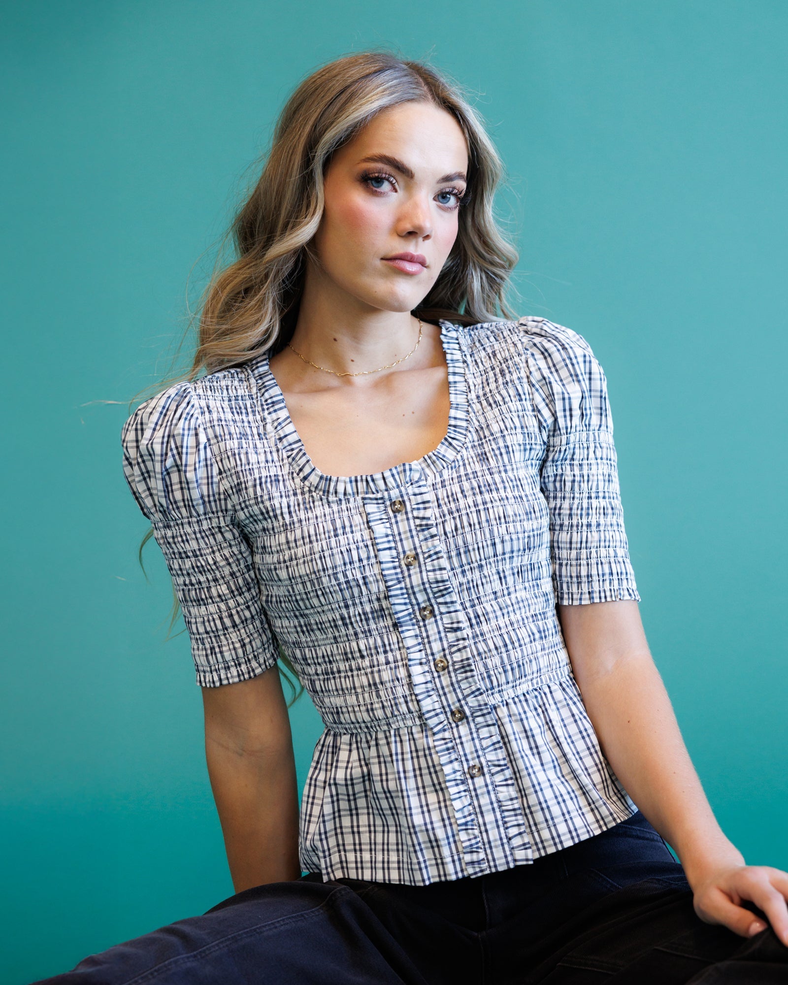 Oxford Blue Plaid Smocked Peplum Top