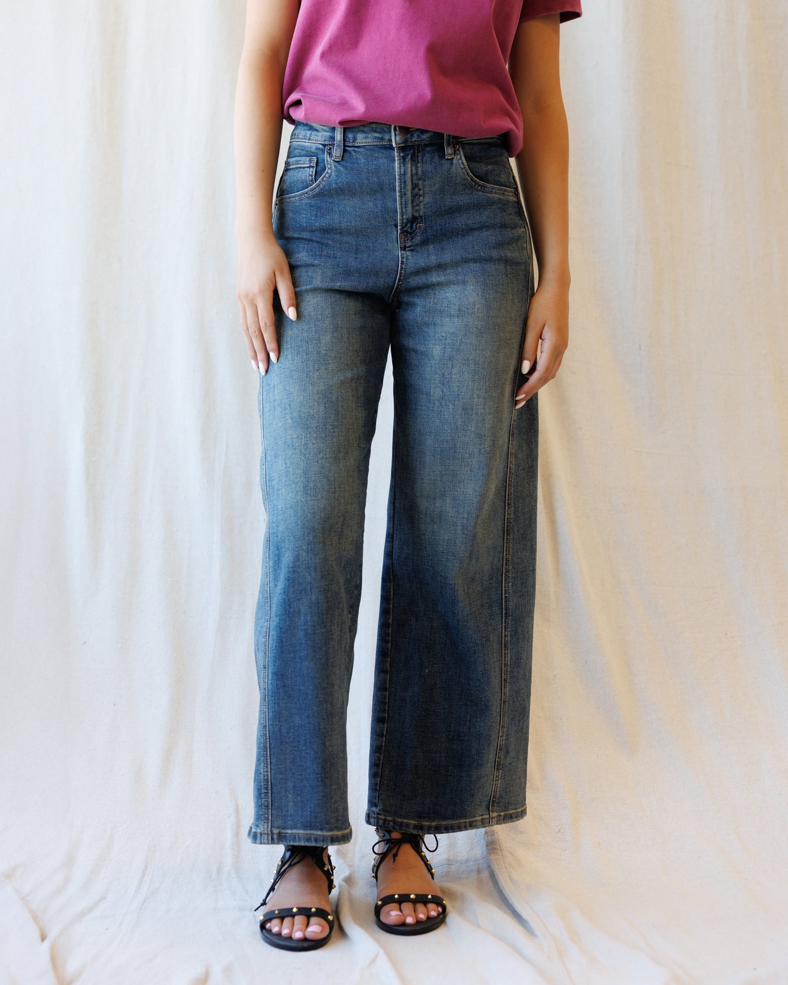 Tint Navy High-Rise Seam Detail Wide-Leg Jeans