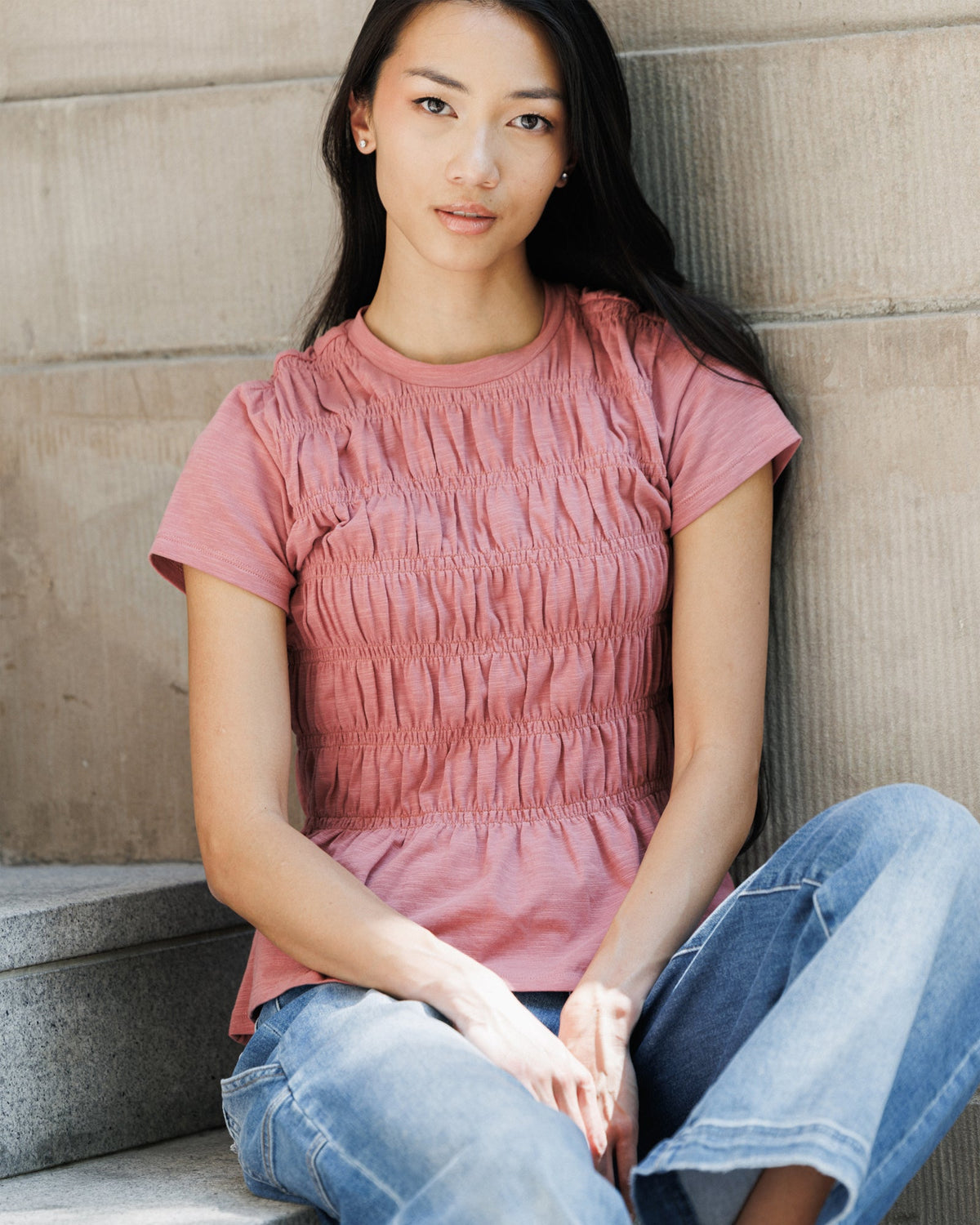 Smocked Peplum Cap Sleeve Tee
