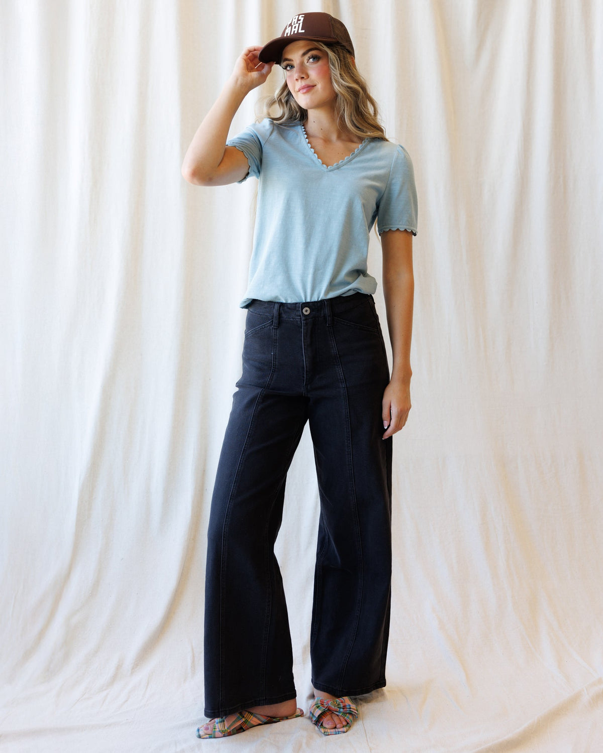 Scallop-Trim Dusty Blue Cotton Tee