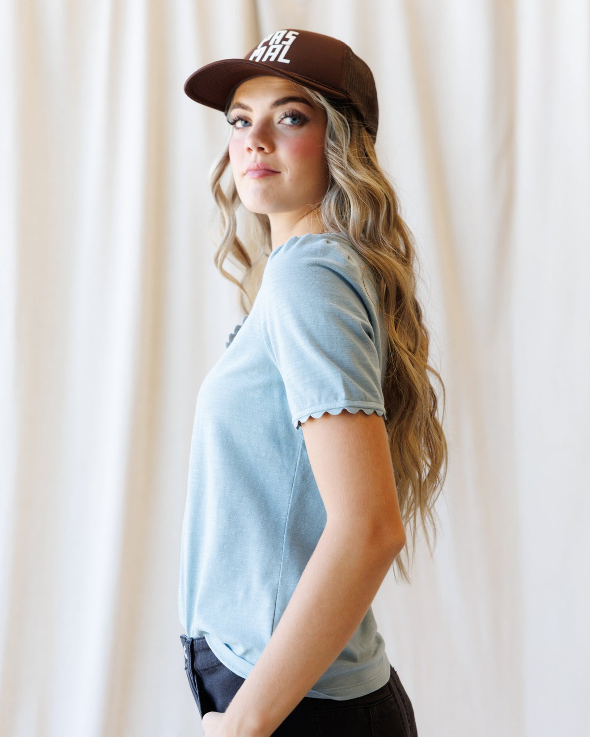 Scallop-Trim Dusty Blue Cotton Tee