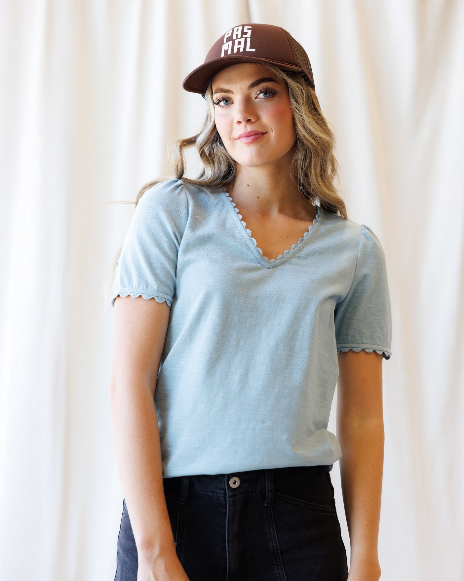 Scallop-Trim Dusty Blue Cotton Tee