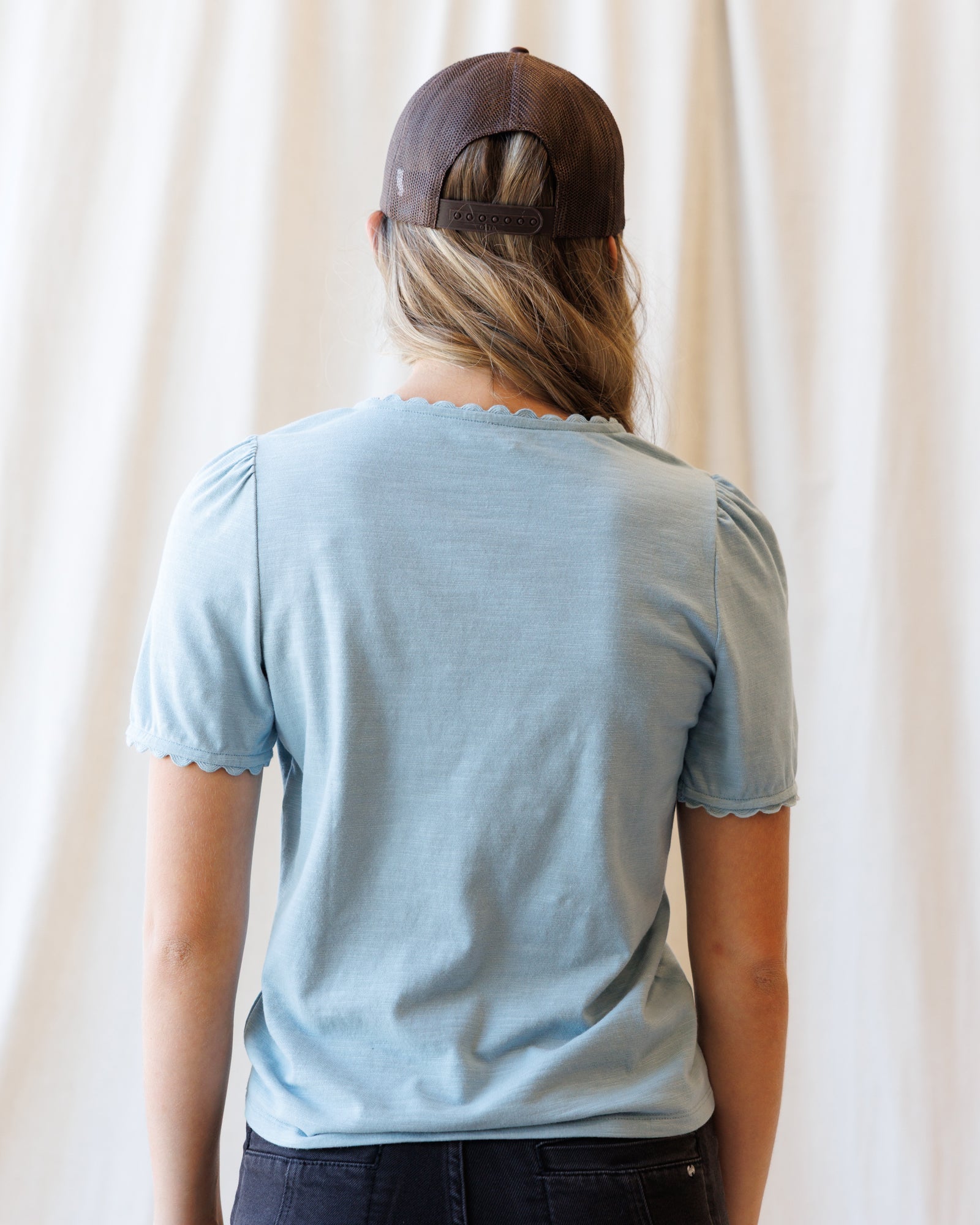 Scallop-Trim Dusty Blue Cotton Tee