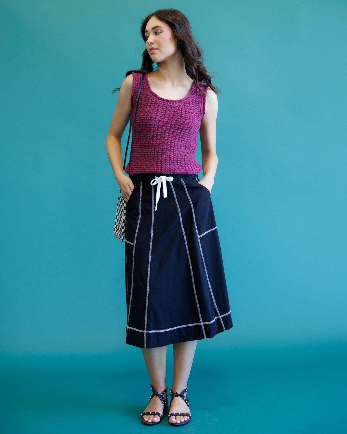 Major Score Black Contrast-Stitch Midi Skirt