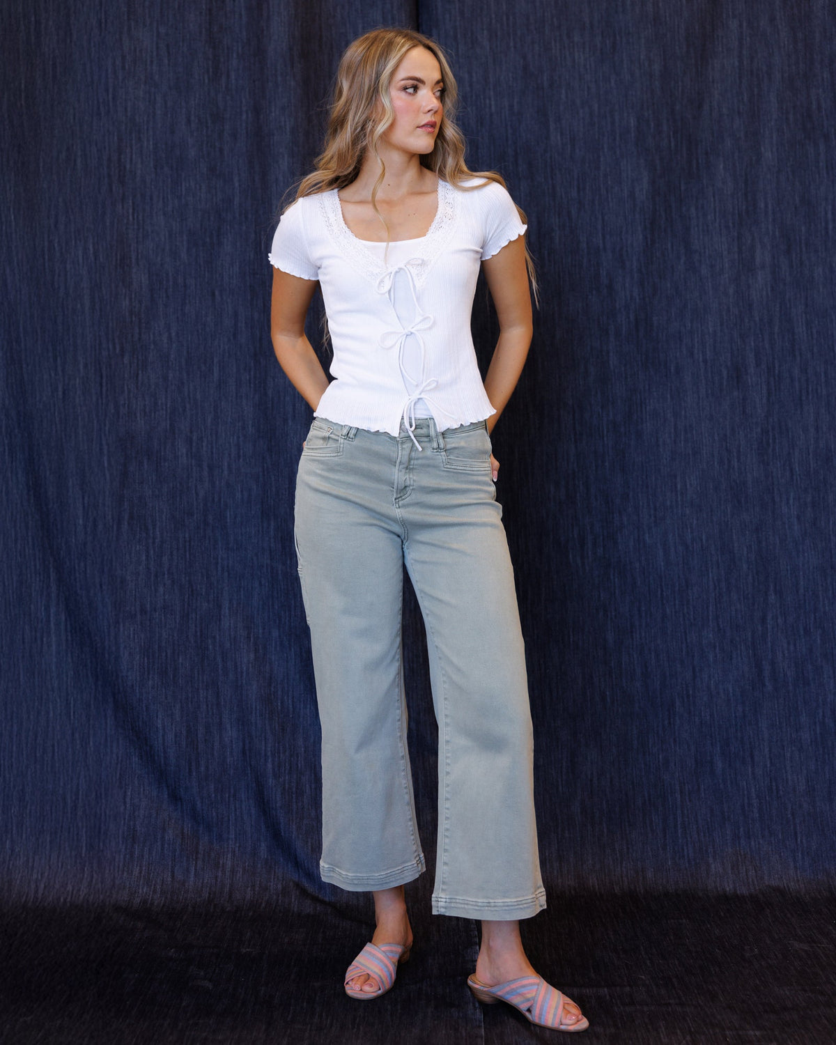 Tie Breaker Top – White Lace-Trim Tie-Front Top