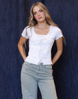 Tie Breaker Top – White Lace-Trim Tie-Front Top