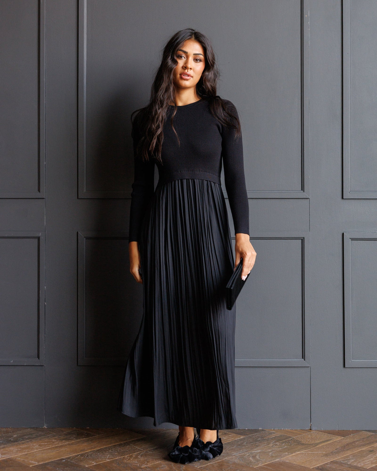Soho Black Knit & Pleated Satin Maxi Dress